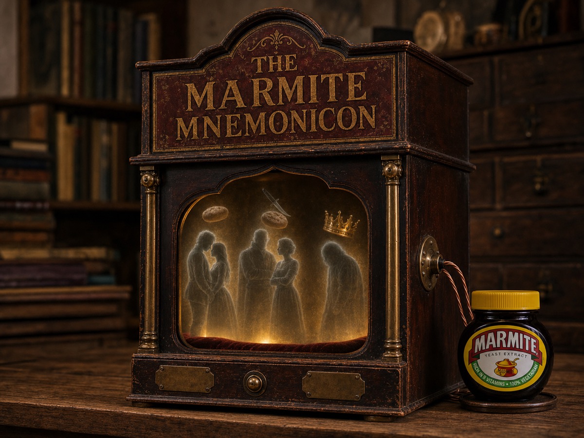 A Mnemonicon panel with Shakespeare's cast. Romeo and Juliet, the Macbeths, and Richard III, each given a jar of Marmite