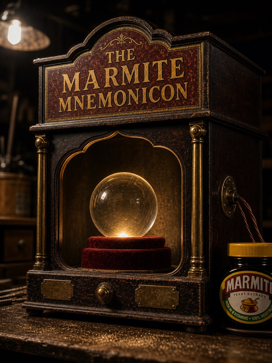 The Marmite Mnemonicon on its shelf, brass and velvet, jar wired into the back.